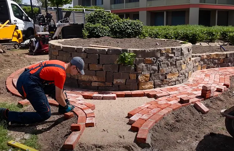 Pflastern 1 Pflastern eines Weges mit roten Ziegelsteinen und Bau einer Mauer aus Natursteinen